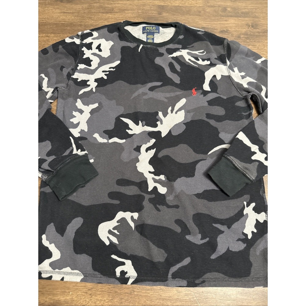 Polo by Ralph Lauren Men's Black Gray Camouflage Long Sleeve Shirt with Red Pony